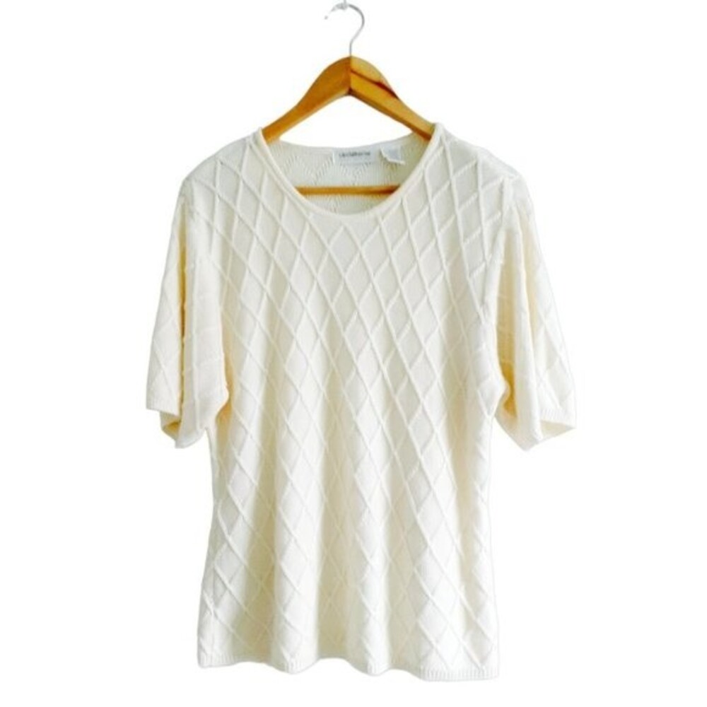 Liz Claiborne Collection Cream Argyle Knit Pattern Short Sleeve Sweater Large - Picture 1 of 9